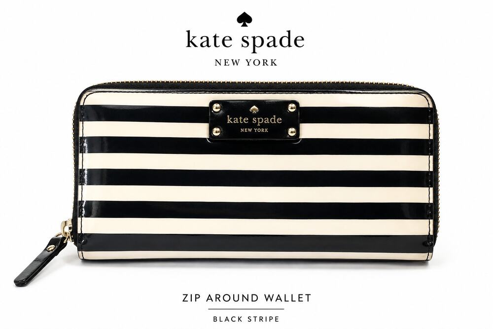 Kate Spade New York Black Cream Stripe Zip Around Wallet Organizer Continental
